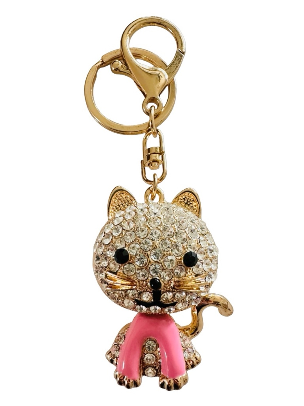 Gold-tone Pink Enameled Jeweled Cat Keychain Ring Handbag Charm 4.5” Luxury